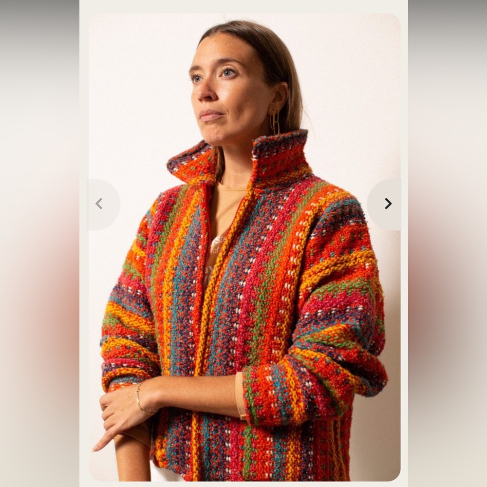 Women's Ecuadorian 100% Wool Full Zip Chunky Knit Rainbow Boho Sweater Size- M